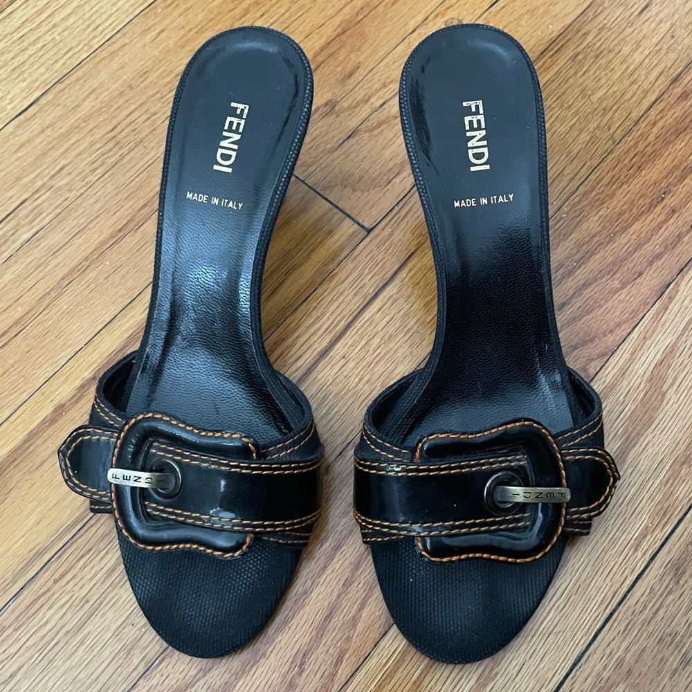 Fendi Black Kitten Heel Mules Sz 36.5